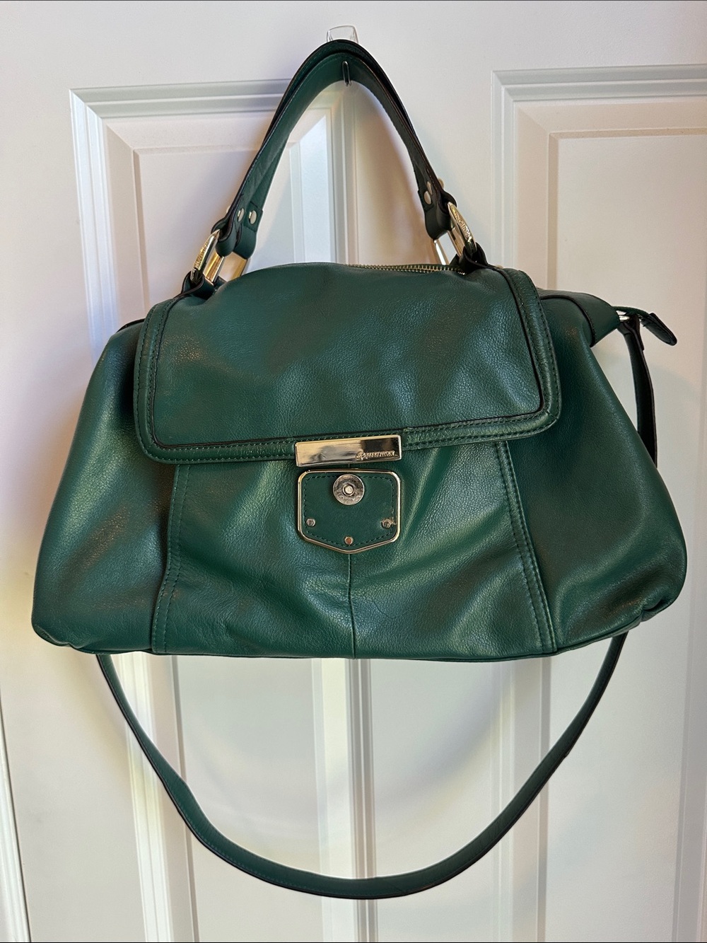 b. makowsky Dark Green Leather Shoulder Bag with Gold Hardware